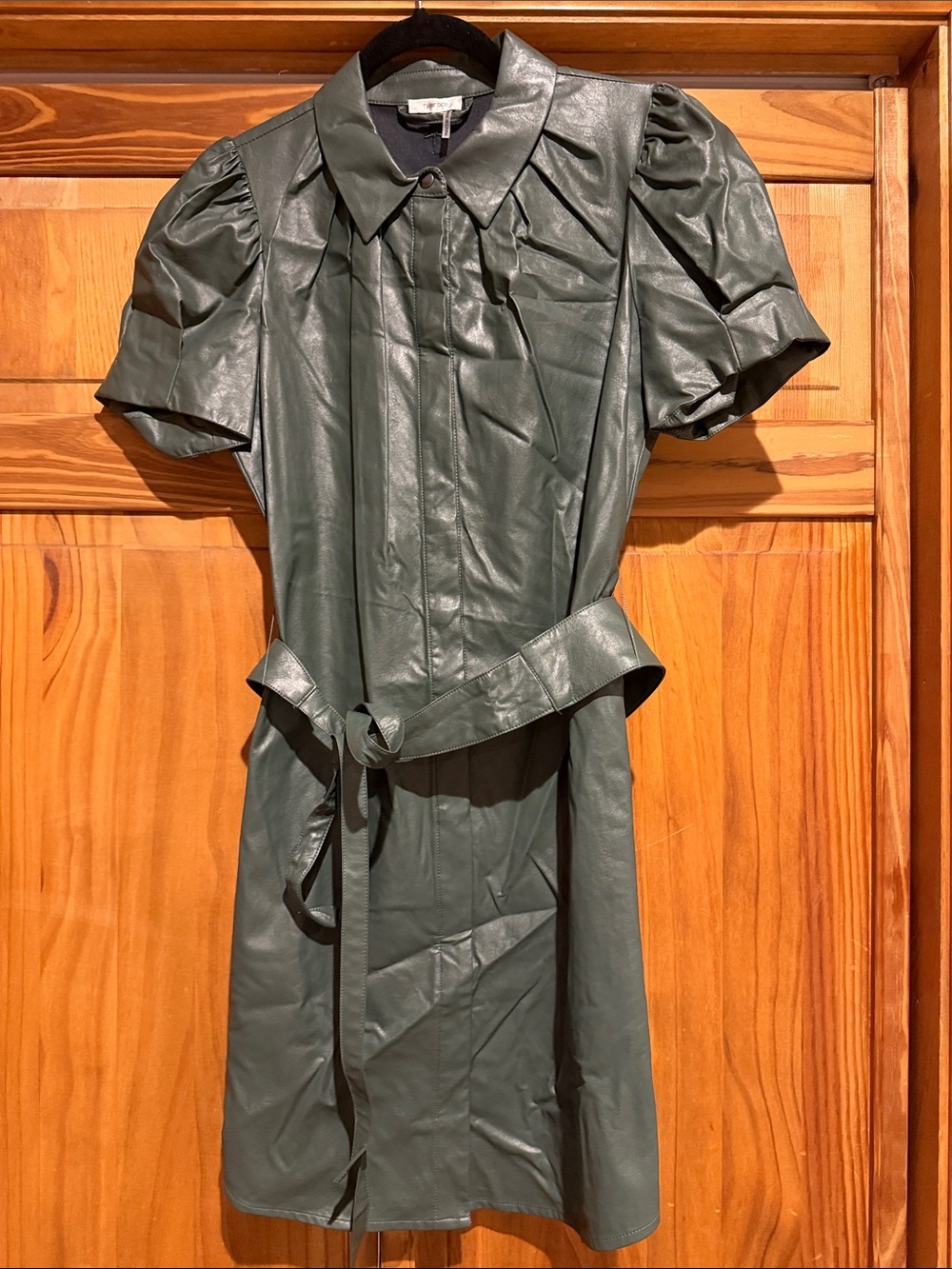 Tyler Boe Dark Green Faux Leather Puff-Sleeve Shirt Dress